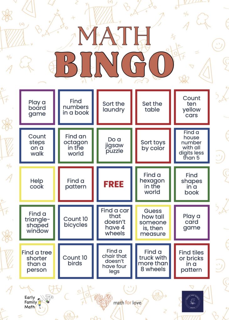 A bingo board with different children's activities on it.